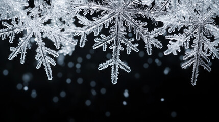 Silver hanging snowflakes border on black background. Winter holiday decoration with copy space for text