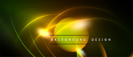 Abstract neon lights create dynamic curves, gradients. Bright yellow center draws attention against dark background. Modern design element.