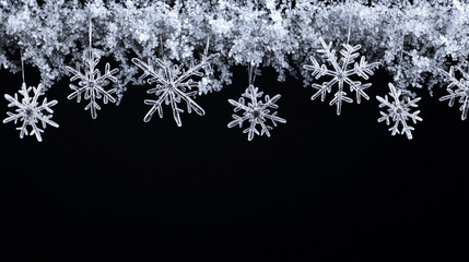 Silver hanging snowflakes border on black background. Winter holiday decoration with copy space for text