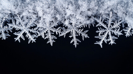 Silver hanging snowflakes border on black background. Winter holiday decoration with copy space for text