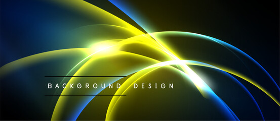 Abstract design features flowing yellow, blue lines. Dark background enhances vibrant glow, creating dynamic visual effect. Modern, sleek presentation.