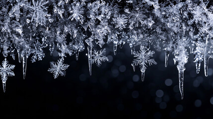 Silver hanging snowflakes border on black background. Winter holiday decoration with copy space for text