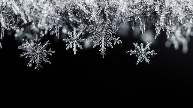 Silver hanging snowflakes border on black background. Winter holiday decoration with copy space for text