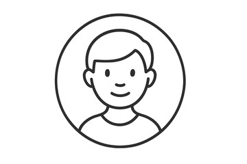Simple outline of a boy with a round face and short hair smiling in a circular frame on a plain background
