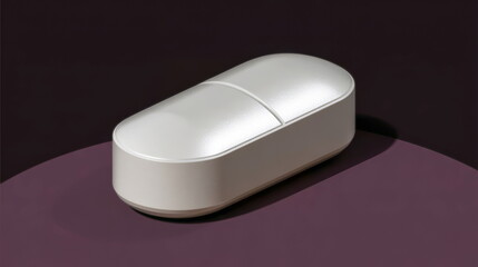 Single, oversized plain white tablet, perfectly centered, with subtle light reflections, conveying simplicity and efficacy in medicine. The object is isolated on a deep, solid burgundy background.