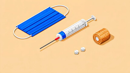 Illustration of a single, oversized syringe flanked by a blue protective mask, small, bandage roll and some white pills. Symbolizing medical cure. Isolated on a soft, solid pale peach background.