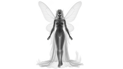 Ethereal white fairy with large wings and flowing gown