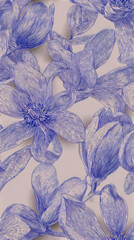 Seamless pattern of high-detail floral illustrations isolated against a soft lavender background. Thin, intricate lines and a monochrome palette for the flowers. Luxurious textile-like aesthetic.