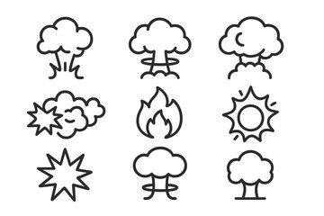 Collection of simple icons showing explosions, fire, and clouds in black line art style, suitable for various designs and themes