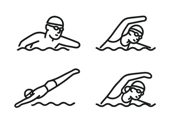 Swimmers performing different strokes in a training session at a pool during the morning hours