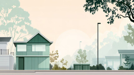 Illustration of an ecological suburb with tree canopies, modern smart homes, and solar street lights. Color palette consists of muted green and light grey tones. No people or vehicles.