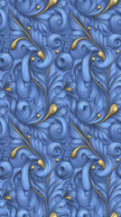 illustration of a detailed art nouveau ornate and flowing blossoms and vines in a seamless repeating pattern. Soft, warm light highlighting metallic sheen on some elements. Vertical illustration.