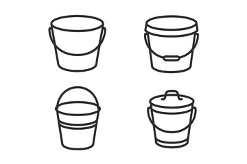 Different types of buckets arranged in a grid showing various shapes and handles for use in tasks