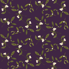 Seamless pattern featuring delicate mistletoe branches with green leaves and white berries on a dark violet background. Elegant botanical design perfect for textiles, packaging and holiday decor