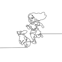 Line Art of Child Running with a Dog 