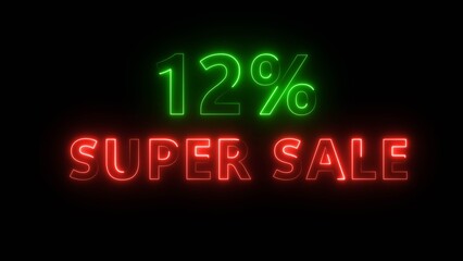 Neon 12% super sale illustration number.  Neon business promotion discount offer. Sale special offer, Neon text.