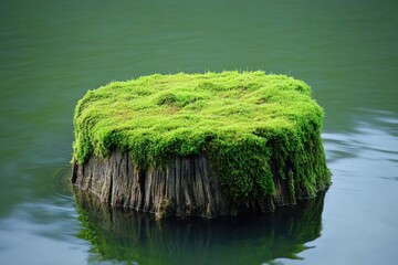 Mossy growth covers the wood stump floating on the water with Tranquil Theme