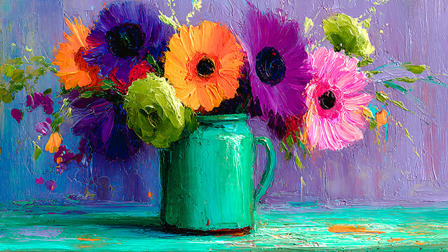 Bouquet de fleurs dans une cruche, illustration en peinture