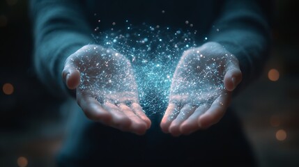 Close-up of cupped human hands holding glowing particles of blue light floating in the air, energy, imagination, inspiration, creativity, futuristic technology, and magical digital fantasy concept.