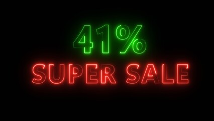 Neon 41% super sale illustration. Neon glowing percentage discount offer. Neon percentage number. Business percent offer.