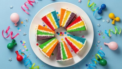 Colorful rainbow cake display with birthday decorations on blue background
