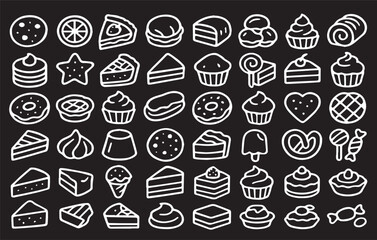 Bakery Cakes and Dessert Outline Icons Set – Line Art Sweets on Dark Background