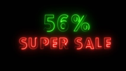 Neon 56% super sale illustration. Neon glowing percentage discount offer. Neon percentage number. Business percent offer.
