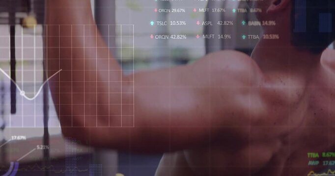 Adult male gripping lat pulldown bar and pulling down, translucent fitness charts tracking reps