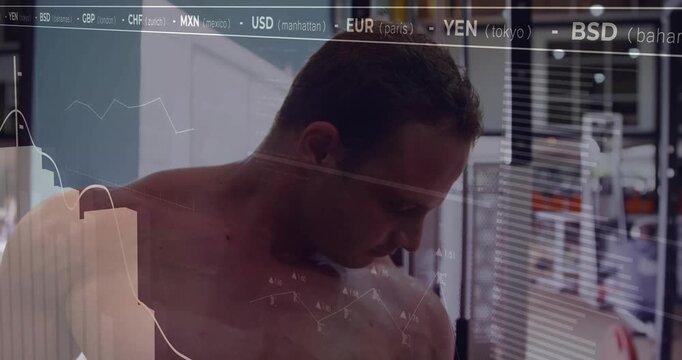 Man checking biceps in gym for gains, finance HUD overlaying torso with charts and currency labels