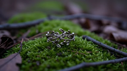 Sierkussen Meisjeskamer Organic style silver ring with delicate leaf branches on soft green forest moss, nature inspired jewelry design, earthy boho mood, macro detail, woodland magic and eco aesthetics  © Andrey