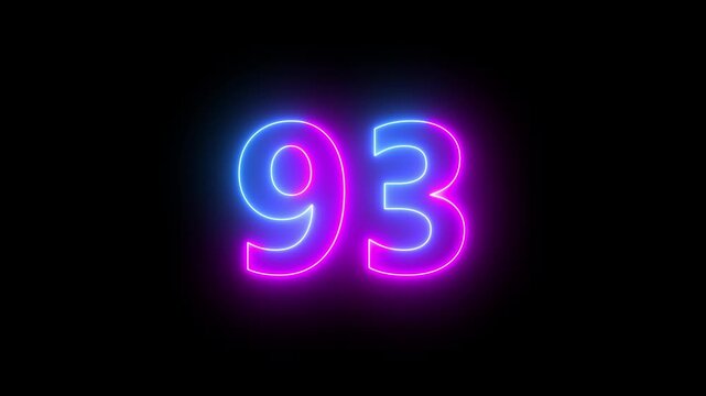 93 number neon bright glowing animation on black background 4k video.