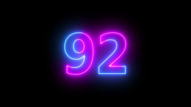 92 number neon bright glowing animation on black background 4k video.