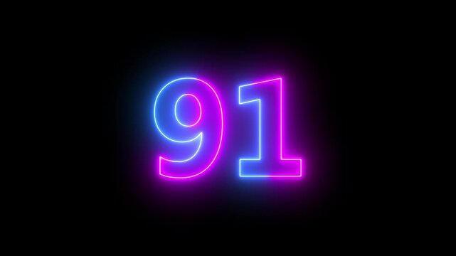 91 number neon bright glowing animation on black background 4k video.