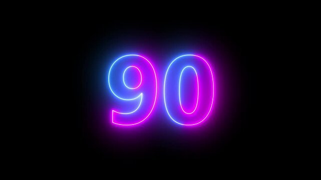 90 number neon bright glowing animation on black background 4k video.