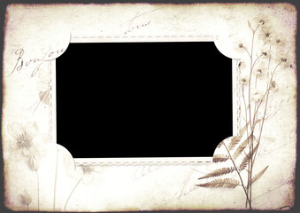 Vintage album page with retro photo frame. Retro background with old blank photo, dry pressed leaves and flowers on paper texture. Nostalgic scrapbooking style. Mock up template. Copy space for text