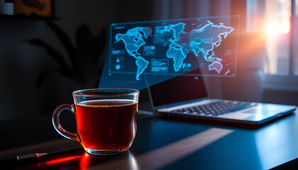 Hot tea beside a laptop projecting holographic charts into the air, morning sunlight mixed with neon blue highlights