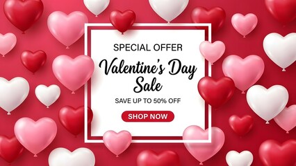 Romantic valentine s day sale announcement surrounded by floating red and white hearts