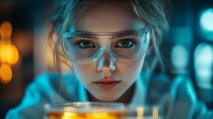 Female scientist wearing protective glasses looking closely at glowing experiment in laboratory, innovation, medical research, scientific study, laboratory testing, discovery, healthcare technology.