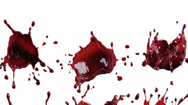 A series of red liquid splatters captured in action against a stark white background.