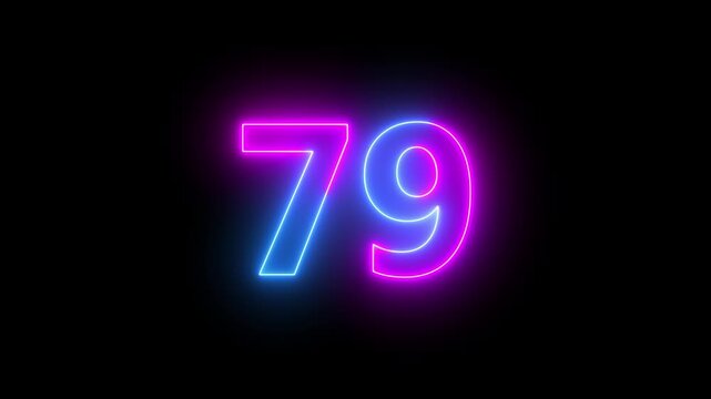 79 number neon bright glowing animation on black background 4k video.