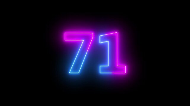 71 number neon bright glowing animation on black background 4k video.