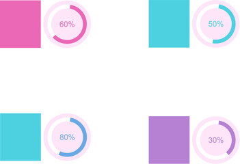 Four colourful progress circle indicators with percentage values simple flat design elements for UI and data visualisation isolated on white Background
