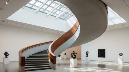 Contemporary art museum interior with spiral staircase and sculptures
