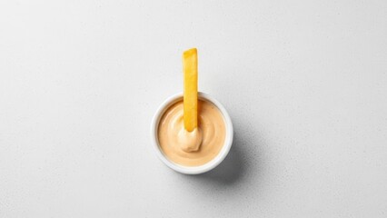 French fry dipped in creamy sauce on white background