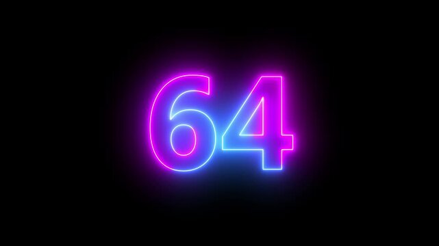64 number neon bright glowing animation on black background 4k video.