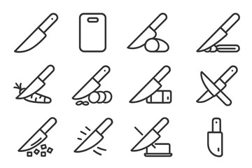 Obraz premium Different types of knives shown with cutting board and various food items in black and white outline style