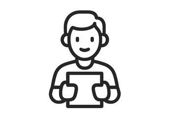 Happy user avatar holding a digital document or tablet device in minimal black outline