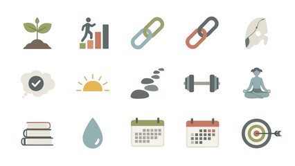 Collection of Flat Design Icons Representing Growth, Success, and Wellness.
