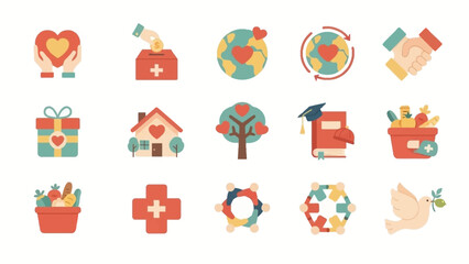 Fototapeta premium Collection of flat design icons representing charity, donation, and social responsibility concepts.