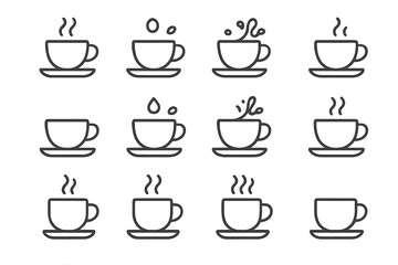 Different types of coffee cups with steam and liquid splashes on a white background